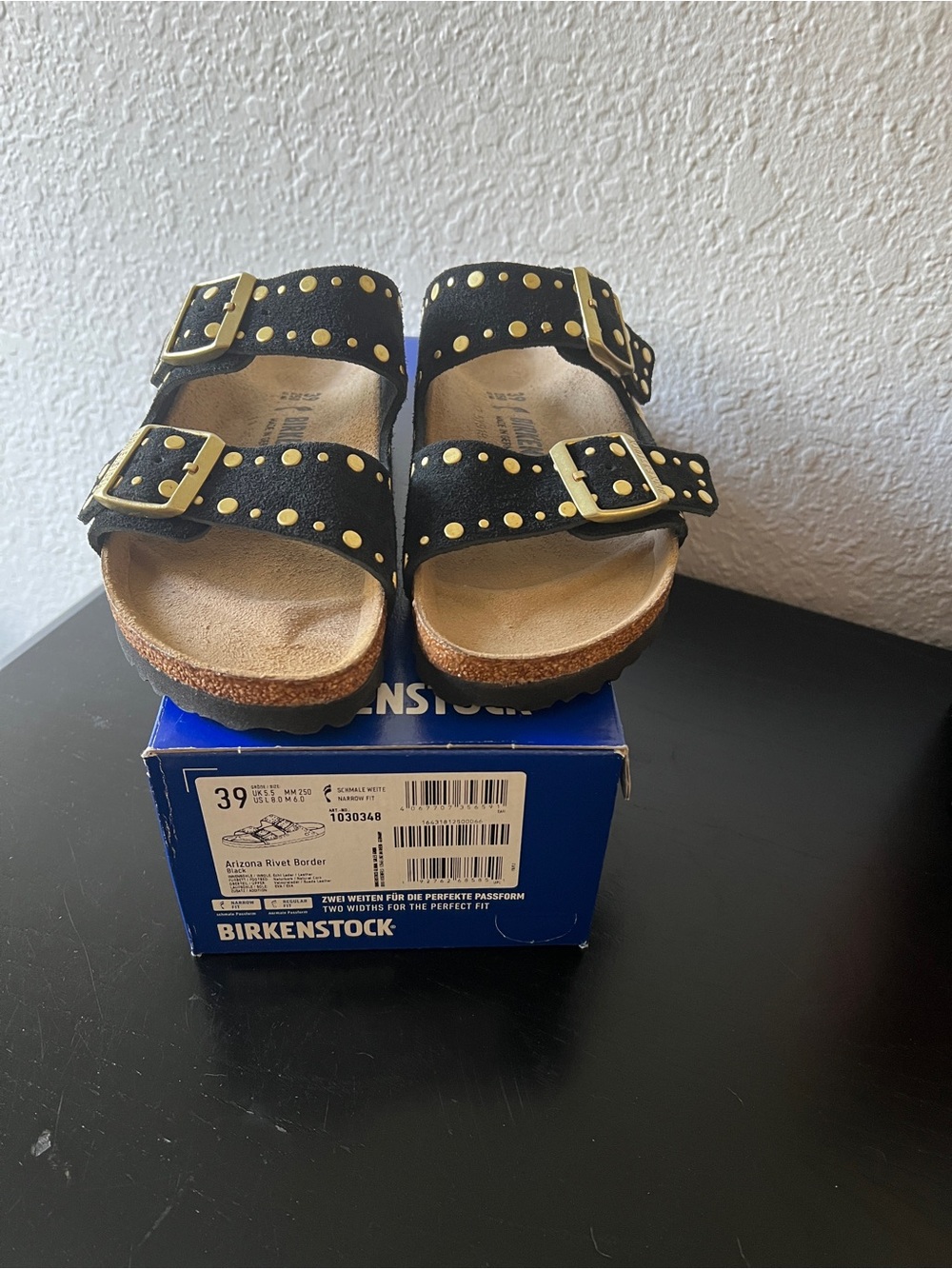 Birkenstock Arizona Studded Double-Strap Sandals in Black and Gold Accents